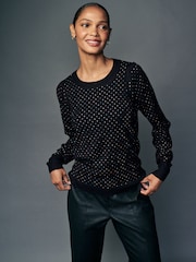 Black Sparkle Crew Neck Long Sleeve Pattern Knitted Jumper - Image 1 of 8