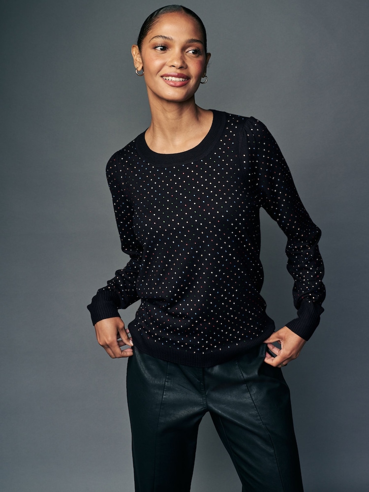 Black Sparkle Crew Neck Long Sleeve Pattern Knitted Jumper - Image 1 of 8
