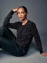Black Sparkle Crew Neck Long Sleeve Pattern Knitted Jumper - Image 3 of 8
