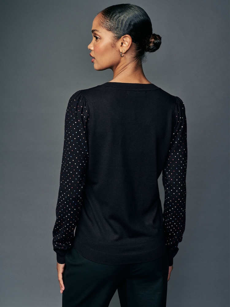 Black Sparkle Crew Neck Long Sleeve Pattern Knitted Jumper - Image 4 of 8