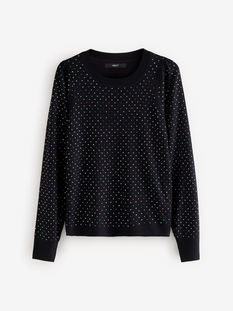 Black Sparkle Crew Neck Long Sleeve Pattern Knitted Jumper - Image 6 of 8