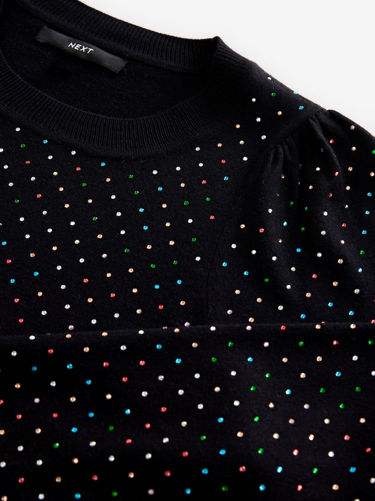 Black Sparkle Crew Neck Long Sleeve Pattern Knitted Jumper - Image 7 of 8