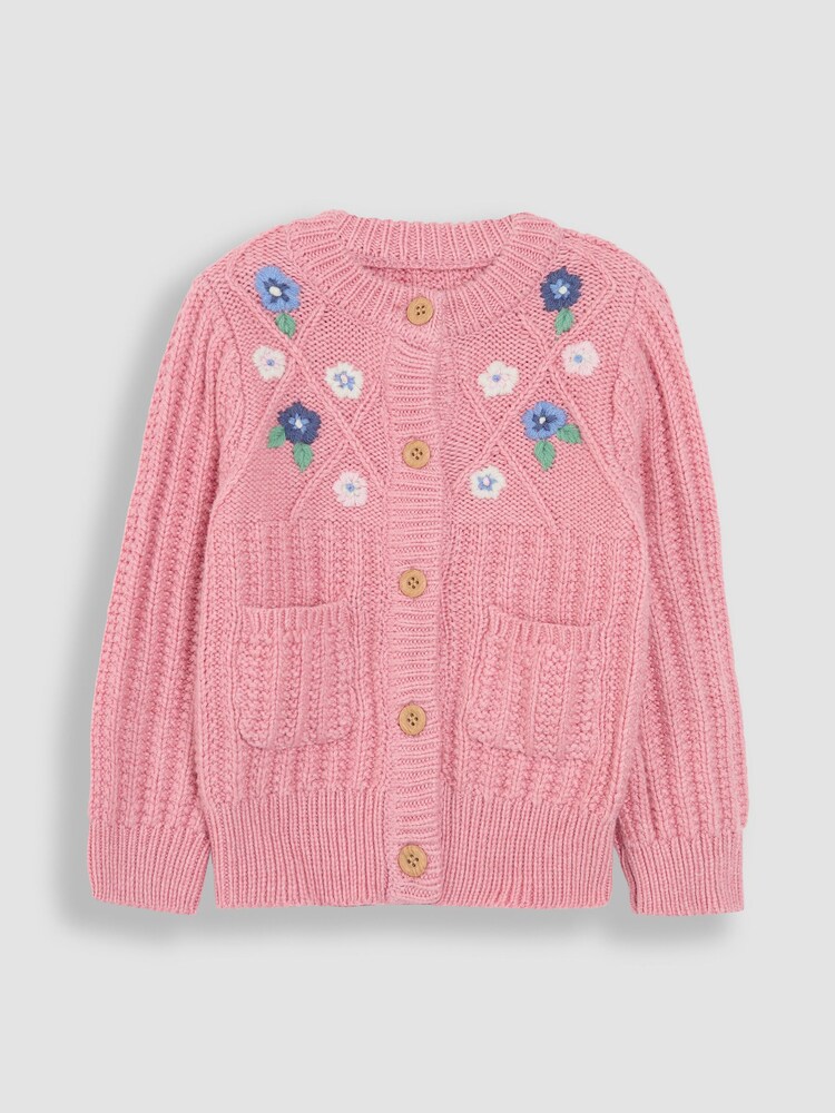JoJo Maman Bébé Rose Pink Embroidered Cosy Cable Cardigan - Image 1 of 3