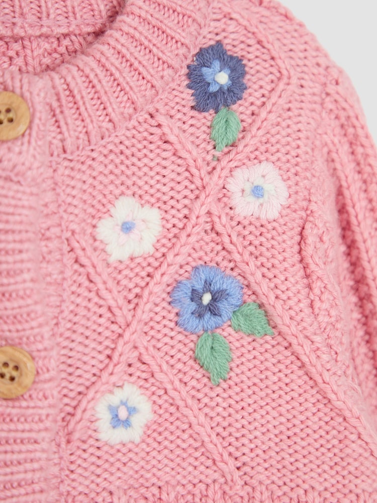 JoJo Maman Bébé Rose Pink Embroidered Cosy Cable Cardigan - Image 3 of 3