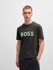 BOSS Dark Grey Large Mesh Chest Logo 100% Cotton T-Shirt - Image 1 of 5