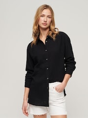 Superdry Black 100% Cotton Longline Beach Shirt - Image 1 of 3
