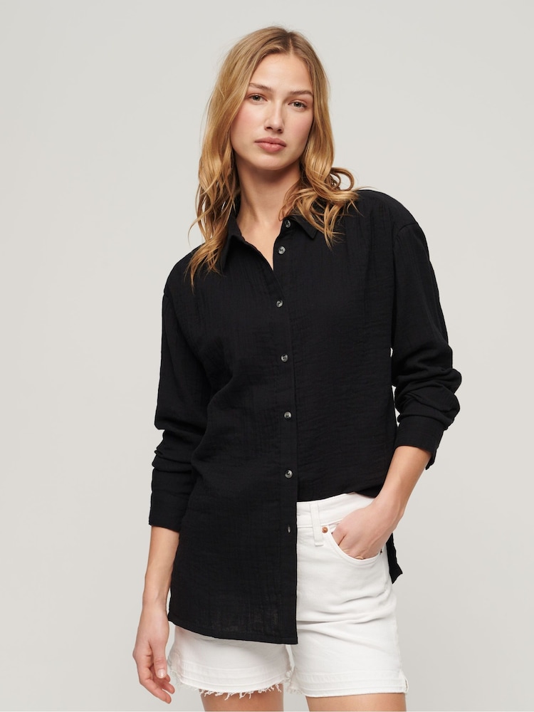 Superdry Black 100% Cotton Longline Beach Shirt - Image 1 of 3