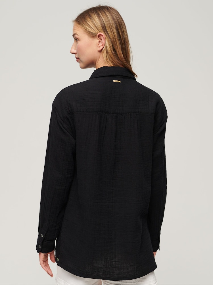 Superdry Black 100% Cotton Longline Beach Shirt - Image 3 of 3