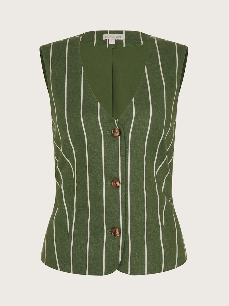 Monsoon Green Susan Stripe Waistcoat In Linen Blend - Image 6 of 6