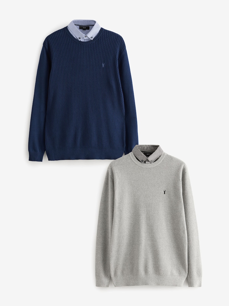 Navy Cable/Charcoal Gingham Mock 100% Cotton Shirt Jumper 2 Pack - Image 1 of 9