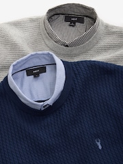 Navy Cable/Charcoal Gingham Mock 100% Cotton Shirt Jumper 2 Pack - Image 8 of 9