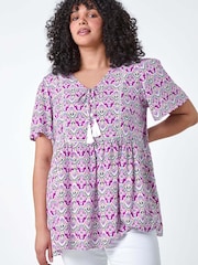 Roman Purple Tie Front Boho Printed Top - Image 1 of 5