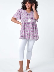 Roman Purple Tie Front Boho Printed Top - Image 2 of 5