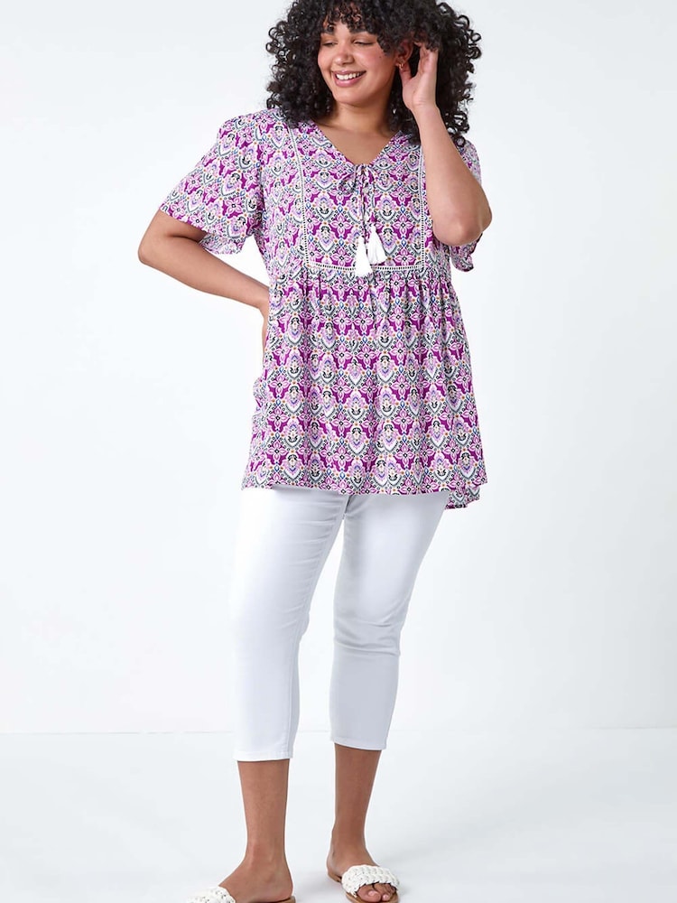 Roman Purple Tie Front Boho Printed Top - Image 2 of 5