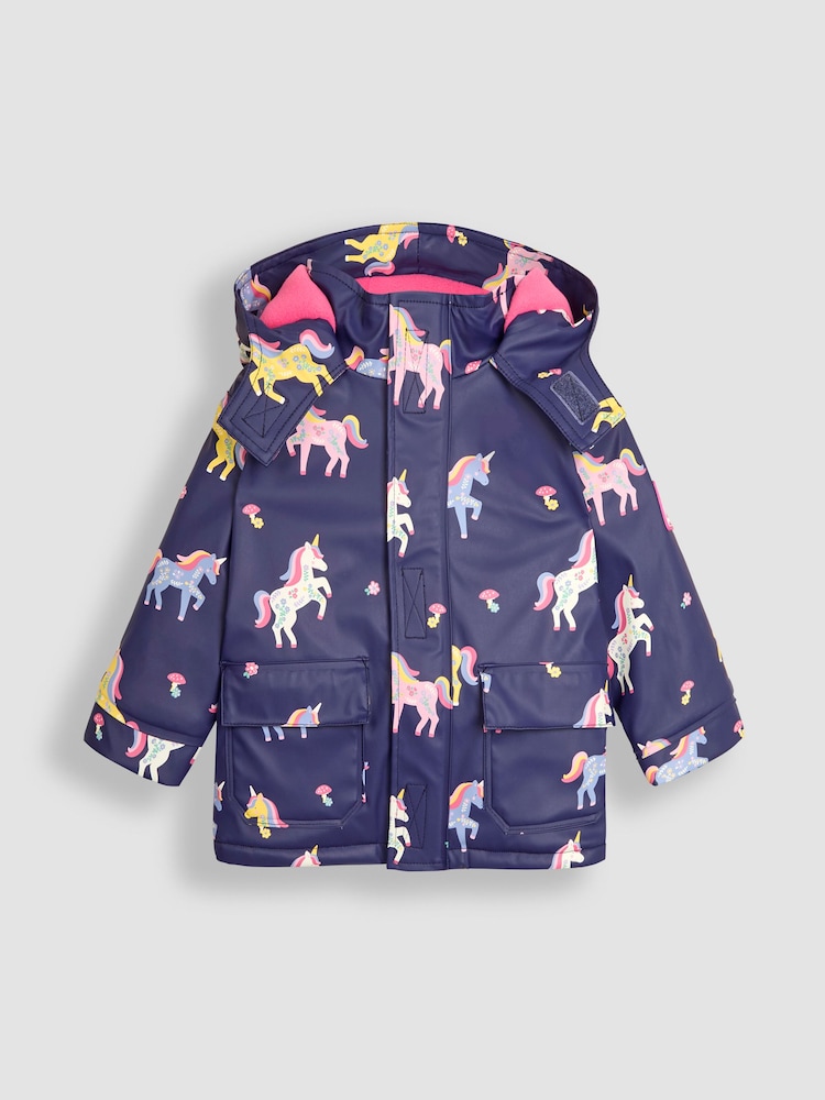 JoJo Maman Bébé Navy Unicorn Hooded Cosy Lined Waterproof Jacket - Image 1 of 4