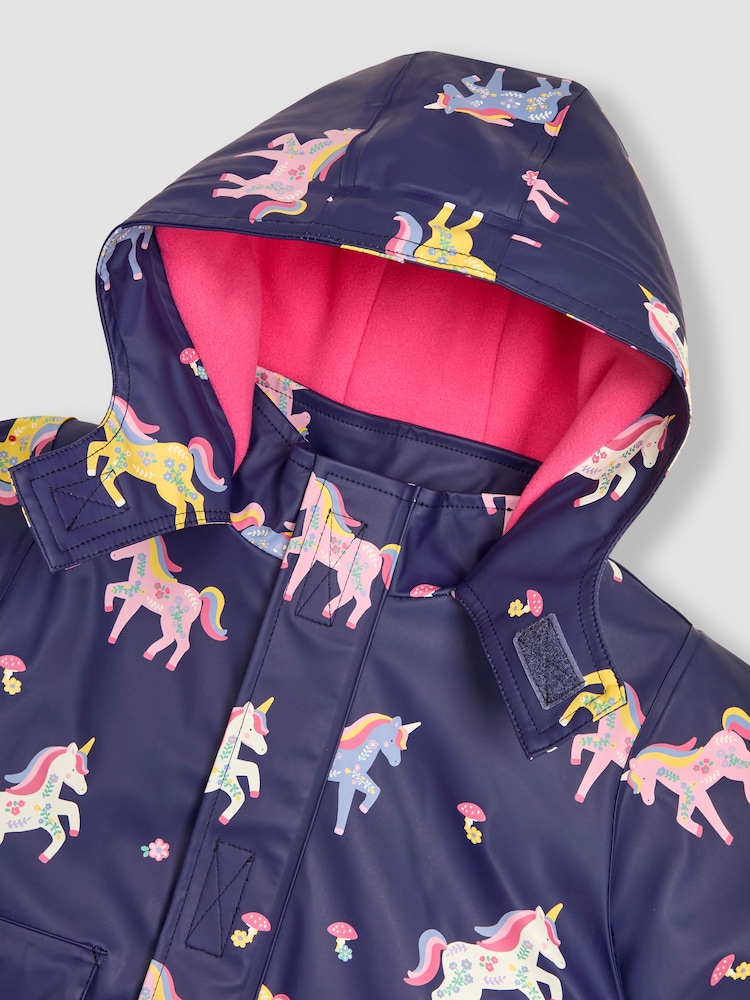 JoJo Maman Bébé Navy Unicorn Hooded Cosy Lined Waterproof Jacket - Image 3 of 4