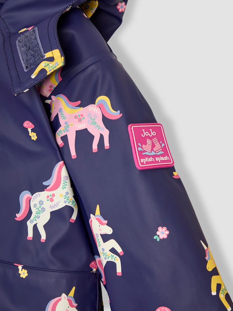 JoJo Maman Bébé Navy Unicorn Hooded Cosy Lined Waterproof Jacket - Image 4 of 4