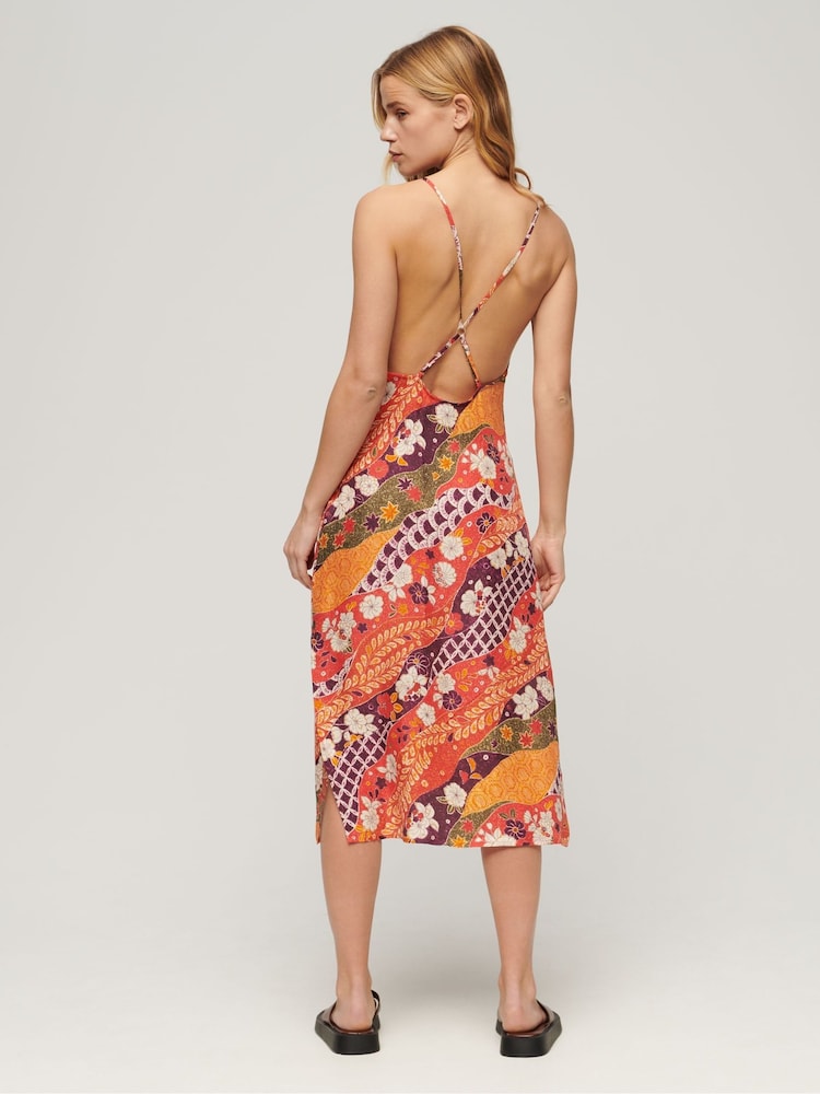 Superdry Red 100% Cotton Printed Midi Slip Cami Dress - Image 2 of 6