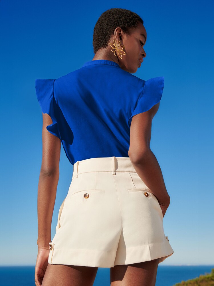 Love & Roses Blue Flutter Sleeve Cutwork Blouse With Linen - Image 2 of 4 Love & Roses Blue Flutter Sleeve Cutwork Blouse With Linen - Image 2 of 4