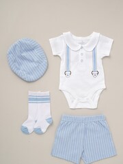 Little Gent Natural Printed Bodysuit Linen Shorts Flat Cap And Socks Outfit Set - Image 1 of 5