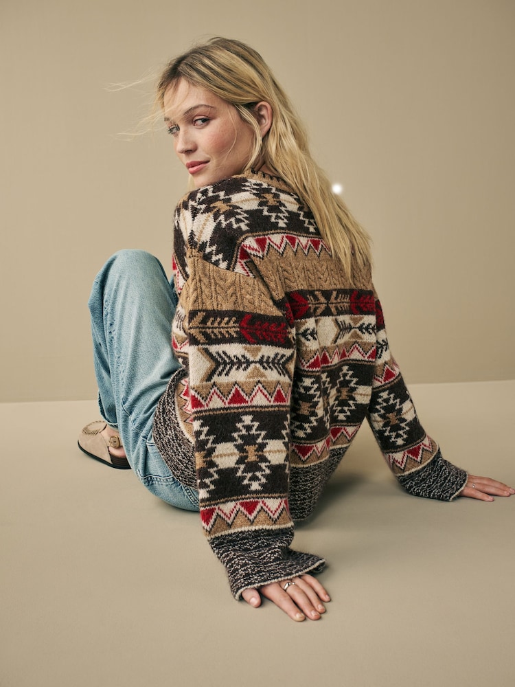 Neutrale Farbe - Strickpullover mit Aztekenmuster und weichem Tragegefühl in Relaxed-Fit - Bild 2 von 7 Neutrale Farbe - Strickpullover mit Aztekenmuster und weichem Tragegefühl in Relaxed-Fit - Bild 2 von 7