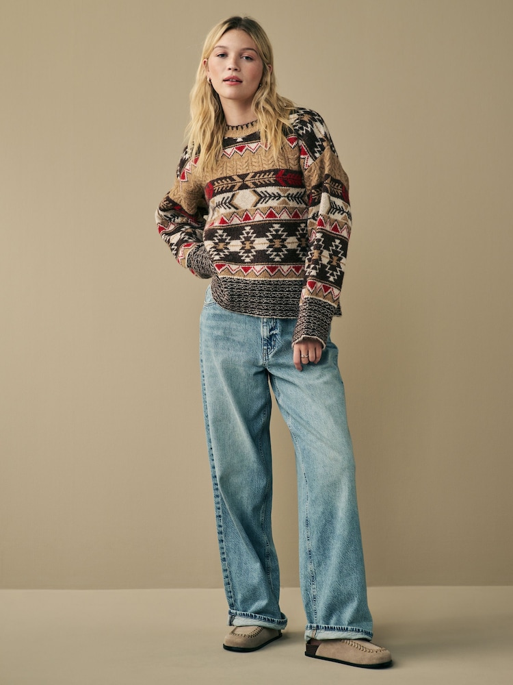 neutre - Pull en tricot à motif aztèque, coupe décontractée et toucher doux - Image 3 of 7