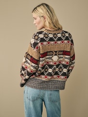 Neutral Aztec Pattern Relaxed Fit Soft Touch Knitted Jumper - Image 4 of 7