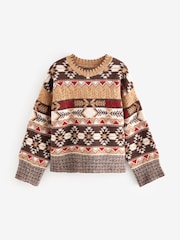 Neutral Aztec Pattern Relaxed Fit Soft Touch Knitted Jumper - Image 5 of 7