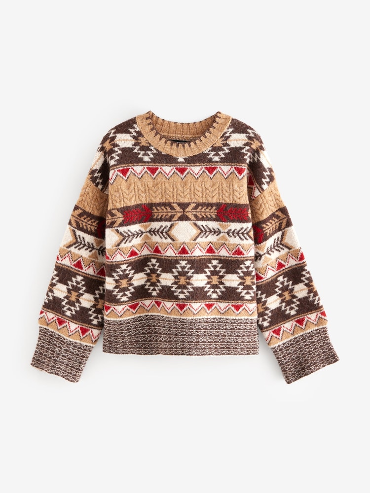 neutre - Pull en tricot à motif aztèque, coupe décontractée et toucher doux - Image 5 of 7