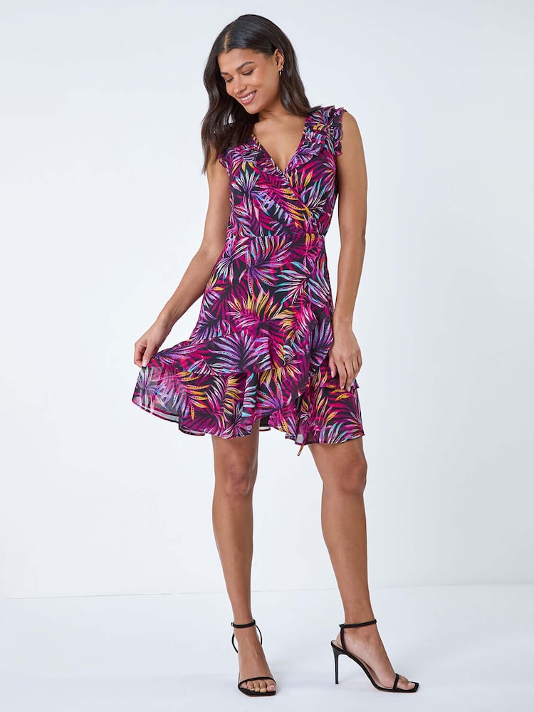 Roman Purple Tropical Leaf Print Frill Wrap Dress - Image 1 of 5