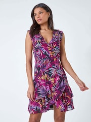 Roman Purple Tropical Leaf Print Frill Wrap Dress - Image 2 of 5