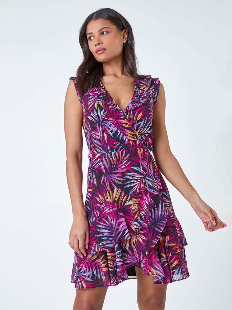 Roman Purple Tropical Leaf Print Frill Wrap Dress - Image 2 of 5