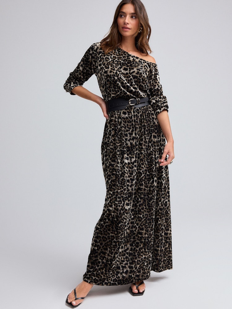 Leopard Animal Print Long Sleeve Velvet Maxi Dress - Image 1 of 7