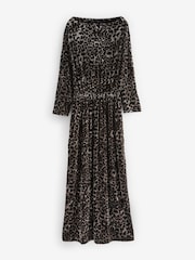 Leopard Animal Print Long Sleeve Velvet Maxi Dress - Image 6 of 7