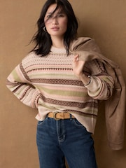 Neutral Fairisle Pattern Stripe Crew Neck Knitted Jumper - Image 1 of 8