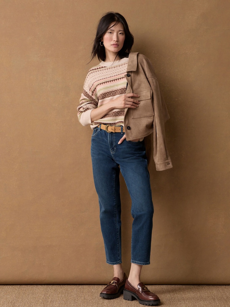 Neutral Fairisle Pattern Stripe Crew Neck Knitted Jumper - Image 2 of 8