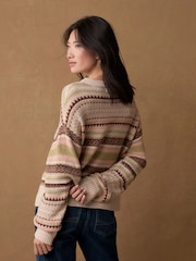 Neutral Fairisle Pattern Stripe Crew Neck Knitted Jumper - Image 5 of 8