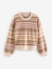 Neutral Fairisle Pattern Stripe Crew Neck Knitted Jumper - Image 6 of 8