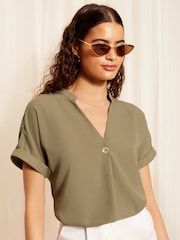 Friends Like These White V Neck Roll Sleeve Button Blouse - Image 1 of 4