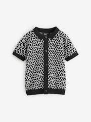 Black Geo Button Through Knitted Short Sleeve 100% Cotton Polo Shirt (3mths-7yrs) - Image 3 of 7