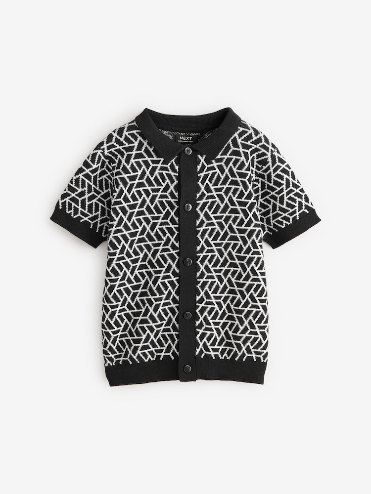 Black Geo Button Through Knitted Short Sleeve 100% Cotton Polo Shirt (3mths-7yrs) - Image 3 of 7
