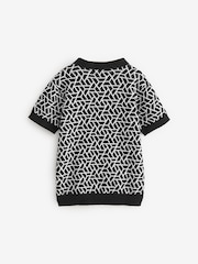 Black Geo Button Through Knitted Short Sleeve 100% Cotton Polo Shirt (3mths-7yrs) - Image 4 of 7