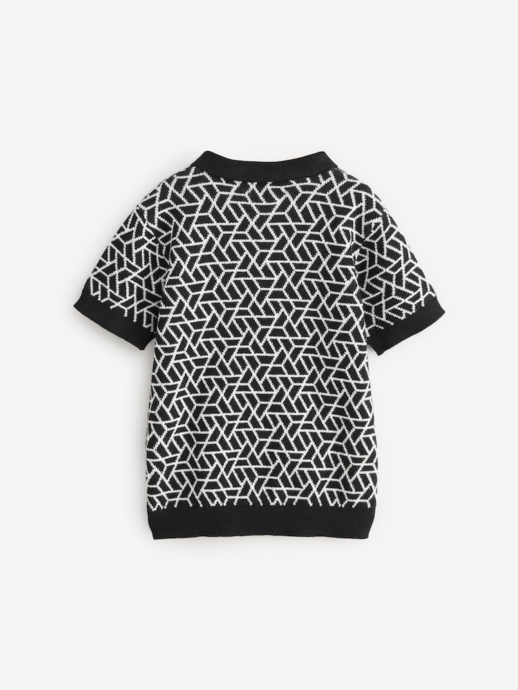 Black Geo Button Through Knitted Short Sleeve 100% Cotton Polo Shirt (3mths-7yrs) - Image 4 of 7