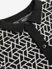 Black Geo Button Through Knitted Short Sleeve 100% Cotton Polo Shirt (3mths-7yrs) - Image 5 of 7