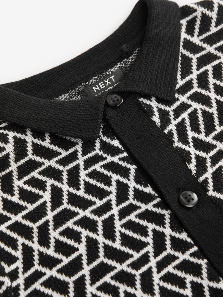 Black Geo Button Through Knitted Short Sleeve 100% Cotton Polo Shirt (3mths-7yrs) - Image 5 of 7