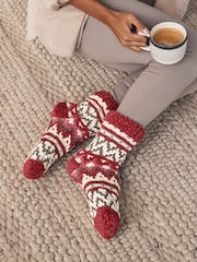 Red Fairisle Pattern Chunky Slipper Socks 1 Pack - Image 1 of 2