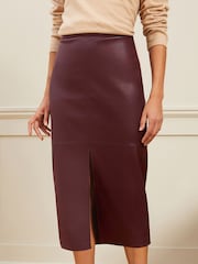 Love & Roses Burgundy Faux Leather Midi Pencil Skirt - Image 1 of 4