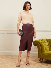 Love & Roses Burgundy Faux Leather Midi Pencil Skirt - Image 4 of 4