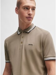BOSS Khaki Green Cotton Polo Shirt With Contrast Logo Details - Image 1 of 5