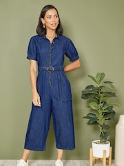 Yumi Blue 100% Cotton Chambray Button Up Jumpsuit - Image 1 of 4